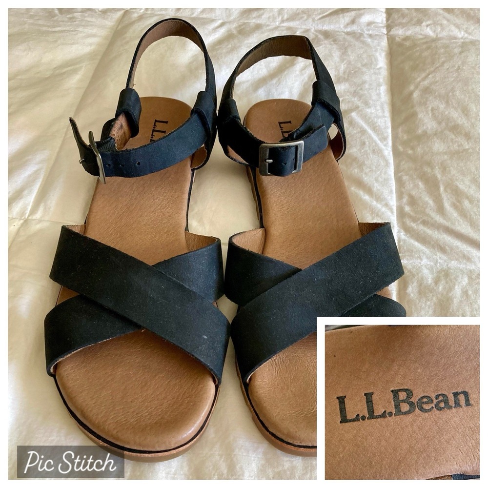 LL Bean Women's Lakewashed Sandals Black US 9M Nubuck Leather Ankle Strap EUC